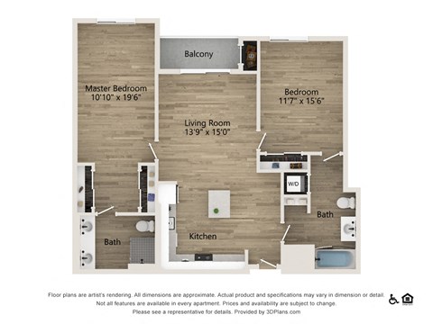 Floor plan for 2 beds, 2 baths, 1389 sqft